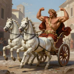a highly detailed matte portrait painting of a hercules in a chariot pulled by white horses, on a roman street, flexing his muscles, in the style of greg rutkowski, digital art