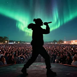 rapping into microphone, silhouette, huge crowd, outrun, hip hop, digital art, Aurora borealis, trending on Artstation, professional artist, detailed, 4k
