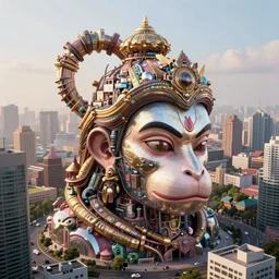 high quality 3 d cyberpunk biomorphic hanuman! head building in the middle of mumbai!!, highly detailed, cinematic smooth, stephen shore & john j. park, soft morning light, wide shot, high angle, uhd 8 k, sharp focus
