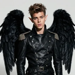 portrait painting of zayn malik as an elf with black wings by jeremy mann, wearing leather napoleonic military style jacket, pointy ears, large black wings background, black wings, black angel wings