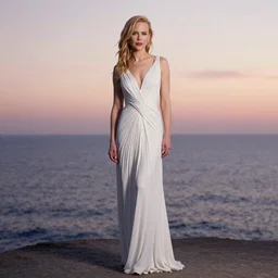 a portrait photography of  Nicole Kidman with full body dress in white by Flora Borsi, stand up with the sea behind, soft sunset lighting, pastel colors scheme, fine art photography, dramatic backgroung, 50 mm sigma art