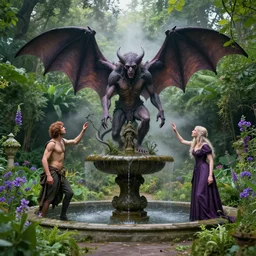 a tar demon worshipping a satanic altar atop a fountain in a lush dense verdant garden by ferdinand knab and gil elvgren and wendy froud and raymond swanland, bat wings, mist, hyperrealism, volumetric lighting, god rays, ultrafine details, sfumato, purple flowers, overgrown