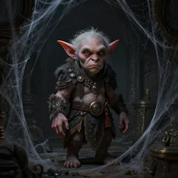 a 4 k cinematic screenshot still portrait of a goblin in a dark liminal space room surrounded by spider webs, deep focus, d & d, fantasy, intricate, elegant, highly detailed, digital painting, art station, concept art, matte, sharp focus, illustration, dark fantasy style art, hearthstone, art by artgerm and greg rutkowski and alphonse mucha