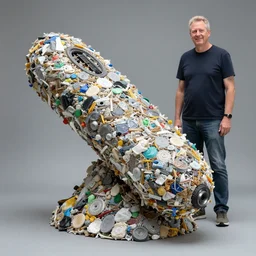 A sculpture a tezla made pure recycle materials trash, Steve belledin