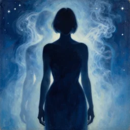 fashion model silhouette smoke, soft blue run light, white stars, poster art, high detail, intricate oil painting, multiple exposure, by stanley kubrick