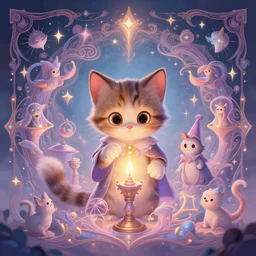 an adorable kitten learning magic | highly detailed | very intricate | symmetrical | fantasy and whimsical and magical | soft cinematic lighting | disney pixar | award - winning | painted by donato giancola and paul lehr and ross tran | pastel color palette | featured on artstation