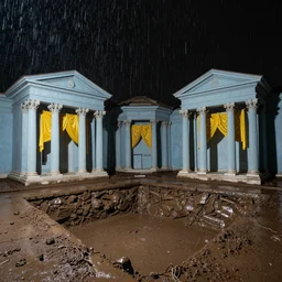 pov in a ancient neoclassical buildings, light blue troglodyte temples with yellow drapery in a deep flesh pit by piranesi, cinestill 8 0 0 t 3 5 mm, high quality, mud, rain, by night, ultra wide lens, anamorphic, leica sl 2 3 5 mm