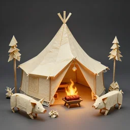 origami fire camp, pig roast, tent, fantasy, intricate, elegant, highly detailed, digital painting, artstation, concept art, smooth, sharp focus illustration, art by afshar petros and krenz cushart and artem demura and tony sandoval