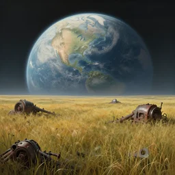 a highly detailed beautiful dreamy breathtaking matte painting of the eternal planet, a tall grass field, broken machinery, simon stalenhag, featured on artstation, pulp scifi book cover art, i can't believe how beatiful this is, wow