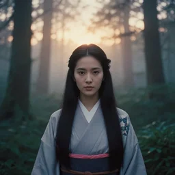 portrait bust of beautiful woman front facing, film grain, kodachrome, dense forest, long black hair, classic kimono, heavy fog, backlit, princess mononoke, 4 k, greg rutkowski, shallow depth of field, dramatic lighting, sunset, hayao miyazaki, masashi ando, nizou yamamoto, kazuo oga