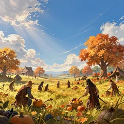 an illustration of medieval fantasy getting ready for fall harvest and beautiful blue sky scenery, cinematic view, epic sky, detailed, concept art, low angle, high detail, warm lighting, volumetric, godrays, vivid, beautiful, trending on artstation, by jordan grimmer, huge scene, grass, art greg rutkowski