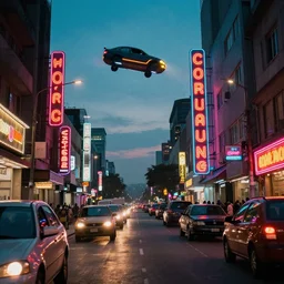 photograph of a neon lit - african urban street with flying vehicles,