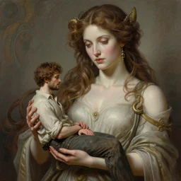 giantess woman holding a small man in her hands, intricate, highly detailed, digital painting, artstation, concept art, smooth, sharp focus, illustration, unreal engine 5, 8 k, art by artgerm and greg rutkowski and alphonse mucha