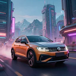 epic professional digital art of photorealistic synthwave vw atlas driving through neon cyberpunk futuristic city towers, mountains in background, detailed, intricate, sporty mood, fun