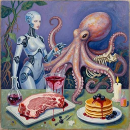 female android, surgical equipment, giant octopus, dinosaur bones, raw pork, berry juice drips, pancakes, berries, scientific glassware, plant roots, art supplies, candles dripping wax, neo - impressionist surrealism, acrylic and spray paint and oilstick on canvas