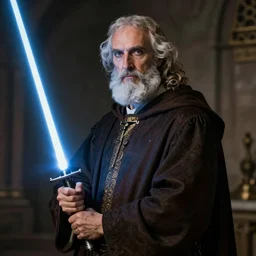 the theologian John Calvin holding a lightsaber