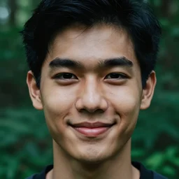 an ultra - high - resolution close - up of saharat sangkapreecha in a lush green forest. photo from the front. a smart and beautiful man is smiling and has eye contact with the camera. the face is clear and symmetrical. the light is dim, and the colors are muted. kodak etkar 1 0 0.