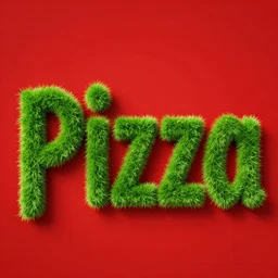 red background, a green stylized font text saying pizza, the text font is made out of grass - fiber