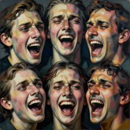 close up of twisting faces full of pain pleasure fear love joy and agony. detailed abstract painting by josef albers, by mc escher, by raqib shaw, japanese popsurrealism,