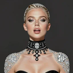 muscled Elin Nordegren shiny sparkling diamonds, mouth slightly open, wearing intricate black choker, elegant, highly detailed, centered, digital painting, artstation, concept art, smooth, sharp focus, illustration, artgerm, donato giancola, Joseph Christian Leyendecker, WLOP, Boris Vallejo, Artgerm