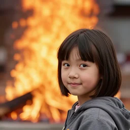 a very young girl in the foreground with short straight hair gives a sideways glance and a smirk at the camera, in the background slightly out of focus, we see a huge fire, high resolution photograph
