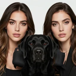 a close up of beautiful Estefania Villegas and her labrador black dog , symmetrical, 8K, octane render, 8K,