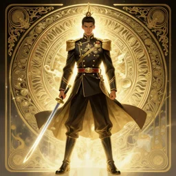a digital concept ar by artgerm and greg rutkowski and alphonse mucha. clear portrait of a lonely attractive men in uniform of tang dynasty!! military, tang dynasty sabre, light effect. hyper detailed, character concept, full body!! dynamic pose, glowing lights!! intricate, elegant, highly detailed, digital painting, artstation, concept art, smooth, sharp focus, illustration