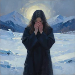 priestess of everyday embarrasment in the icy mountains. gouache painting by indie concept artist, chiaroscuro, bokeh, backlighting, field of depth