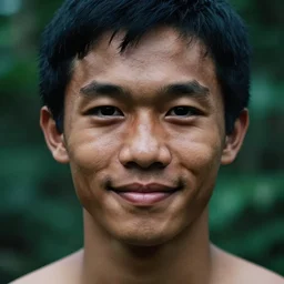 a ultra high resolution close - up of asian man from tai tribe in lush green forest. 1 8 years old. tony jaa. photo from the front. cute and beautiful and handsome man is smiling and has eye contact with the camera. face is clear and symetrical. the light is dim, and the colours are muted. kodak etkar 1 0 0.