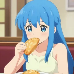 anime girl with blue hair eating an empanada