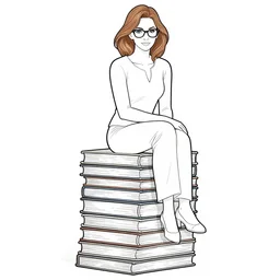 clean line art of a woman with light brown hair and glasses sitting on top of a tall pile of books. well composed, clean coloring book page, beautiful detailed face. coloring book line art by steve ditko and jack kirby and alphonse mucha
