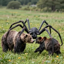 photo of a giant black spider arachnid fighting a grizzly bear in a meadow, spider legs large infront of bear