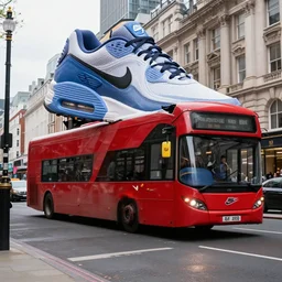 a typical london bus crashing with a gigantic nike air max 9 0 in the 5 th avenue, new york, realistic, by origiful, 4 k
