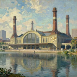 a beautiful photorealistic render of city industrial architecture building train station by camille pissarro, retro lake otherworldly alien, archdaily, wallpaper, highly detailed, trending on artstation.