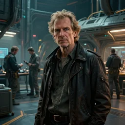 highly detailed portrait of a master architect at the spacecraft docks, engineers working at the background, cyberpunk, moody, luminescent, rule of thirds, golden ratio, ambient lighting, syd mead, greg rutkowski, wlop, artgerm, artstation, highly detailed masterpiece