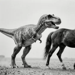 [ [ [ [ [ t rex ] ] ] ] ] and a horse with leg and heels, walk, movement, soft, black and white, photograph, 1 8 5 0 s