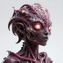 complex 3 d render of a beautiful porcelain dark lovecraft horror machine glowing reptile eyes. magenta gold and white, fractal veins, fractal hair, 1 5 0 mm, beautiful natural soft light, rim light, gold fractal details, fine lace, mandelbot fractal anatomical, glass, facial muscles, elegant, ultra detailed, metallic armor, octane render