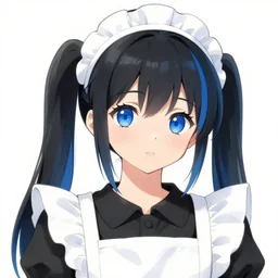 zoomed outbust shot of a blue eyed cute anime maid girl with black hair twintails and blue hair - accents, large cowlick, ruffled shoulders, maid headdress. delicate lineart, anime art, finely drawn ( digital ), pointy chin. round face drawn by zeronis