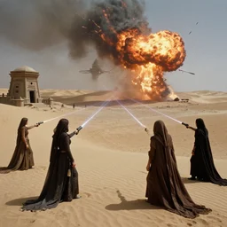 the long - shot of battle scene between bene gesserit women and harkonnens in the desert near the abandoned buildings in night arrakis desert, spaceship exploding, laser guns, film still from the movie by alejandro jodorowsky with cinematogrophy of christopher doyle and art direction by hans giger, anamorphic lens, kodakchrome, 8 k,