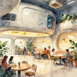 a beautiful illustration of futuristic cafe interior, big medium small, golden ratio, in watercolor gouache detailed paintings, in style of syd mead, trending on artstation, 8 k, panel, hard surface, vent, zaha hadid, props, plant, cozy, decoration around the room, simon stalenhag, deus ex