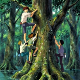 climbing the ancient tree in the swamp. andreas achenbach, artgerm, mikko lagerstedt, zack snyder, tokujin yoshioka. vibrant colors.