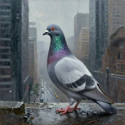 oil painting of a lone pigeon in a futuristic city, portrait, raining, 4 k, detailed, realistic, gritty, buildings, streets, dystopian