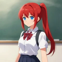 anime girl with red ponytail and blue eyes wearing school uniform, digital painting, concept art, trending on artstation, wlop, 8 k