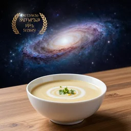 space cosmos universe milky way soup in a bowl on a wooden table, food photography, artstation award winner, octane render
