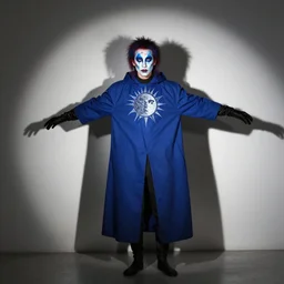 portrait person falling dynamic shadows with abstract face makeup long blue cloak black gloves blue red light mullet tessellation sun moon symmetrical facial features nam nun paik - w 1 0 2 4