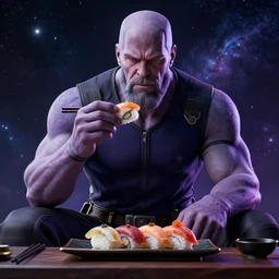 thanos eating sushi sitting in the cosmos, realistic, detailed render, cinematic lightning