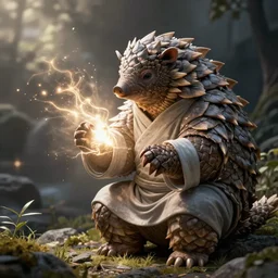 A pangolin priest channeling a spell of light. Fantasy, digital art, HD, detailed.