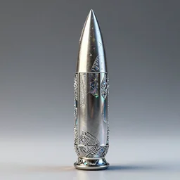 geometric mathematical bullet shaped metal sculpture with ornate crystal glass elements reflecting rainbows into iridescent patterns in the shape of a silver bullet by jack storms, octane render, 4 k, intricate, detailed, 3 d