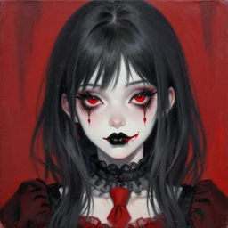 beautiful! beautiful! coherent and aesthetically pleasing! portrait of an anime goth clowngirl with lovely red eyes and black lips and a pouty demeanor, painted by ilya kuvshinov!!! and zdzislaw beksinski
