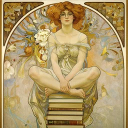 a woman with light brown hair and glasses sits cross legged on top of a tall pile of books. beautiful painting by alphonse mucha, beautiful detailed face.